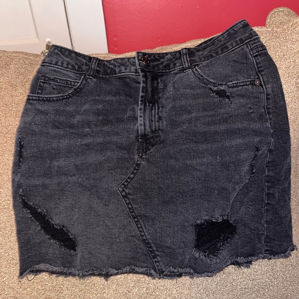 Black Distressed Denim Skirt